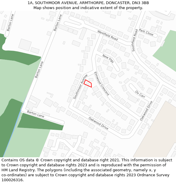 1A, SOUTHMOOR AVENUE, ARMTHORPE, DONCASTER, DN3 3BB: Location map and indicative extent of plot