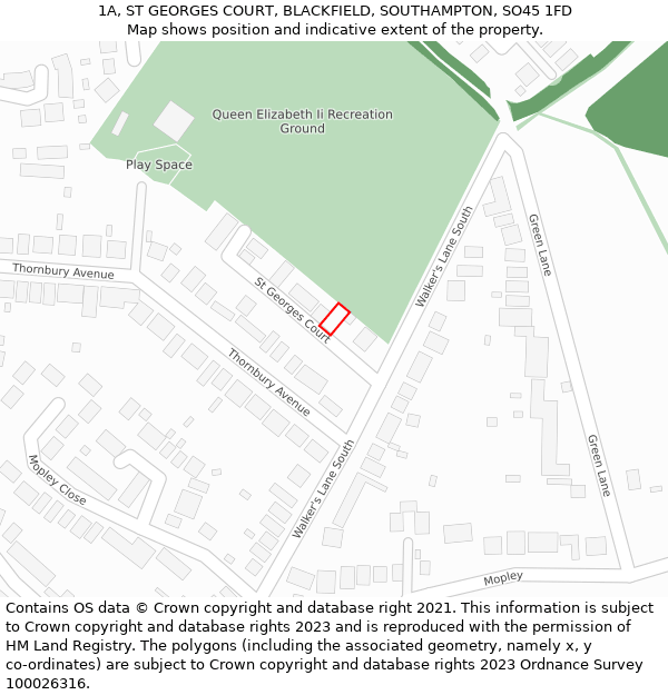 1A, ST GEORGES COURT, BLACKFIELD, SOUTHAMPTON, SO45 1FD: Location map and indicative extent of plot