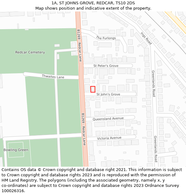 1A, ST JOHNS GROVE, REDCAR, TS10 2DS: Location map and indicative extent of plot