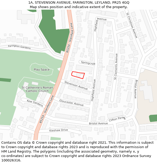 1A, STEVENSON AVENUE, FARINGTON, LEYLAND, PR25 4GQ: Location map and indicative extent of plot