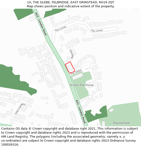 1A, THE GLEBE, FELBRIDGE, EAST GRINSTEAD, RH19 2QT: Location map and indicative extent of plot