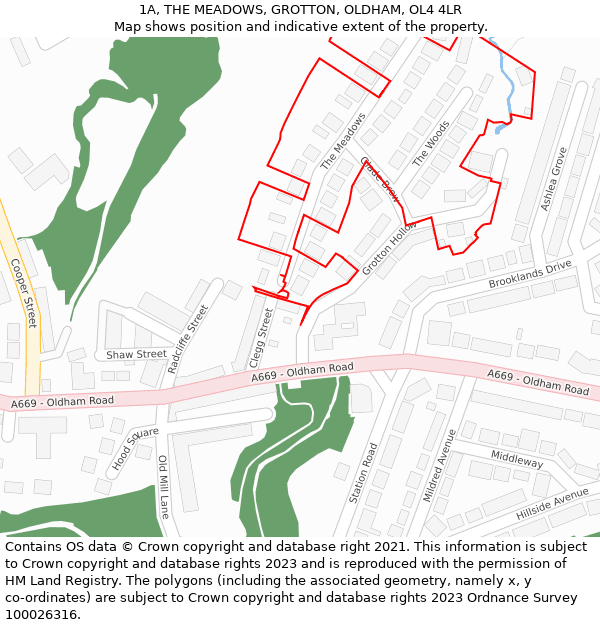 1A, THE MEADOWS, GROTTON, OLDHAM, OL4 4LR: Location map and indicative extent of plot