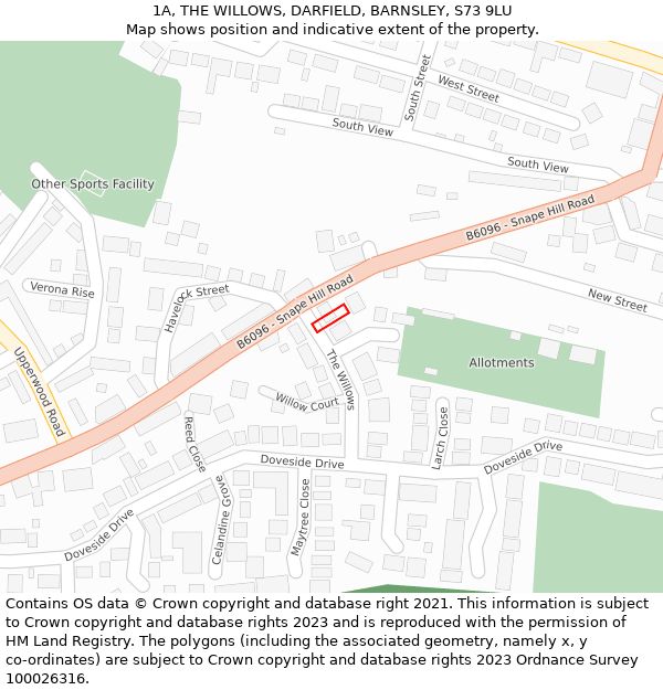 1A, THE WILLOWS, DARFIELD, BARNSLEY, S73 9LU: Location map and indicative extent of plot