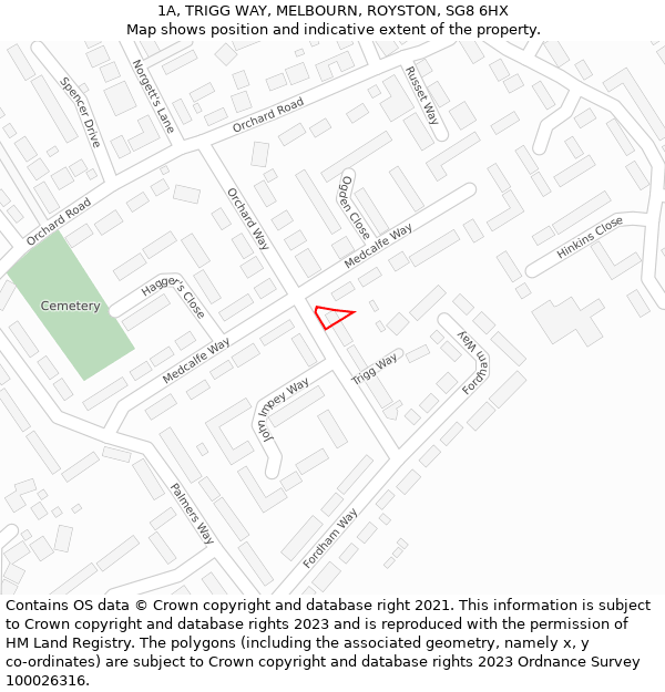 1A, TRIGG WAY, MELBOURN, ROYSTON, SG8 6HX: Location map and indicative extent of plot