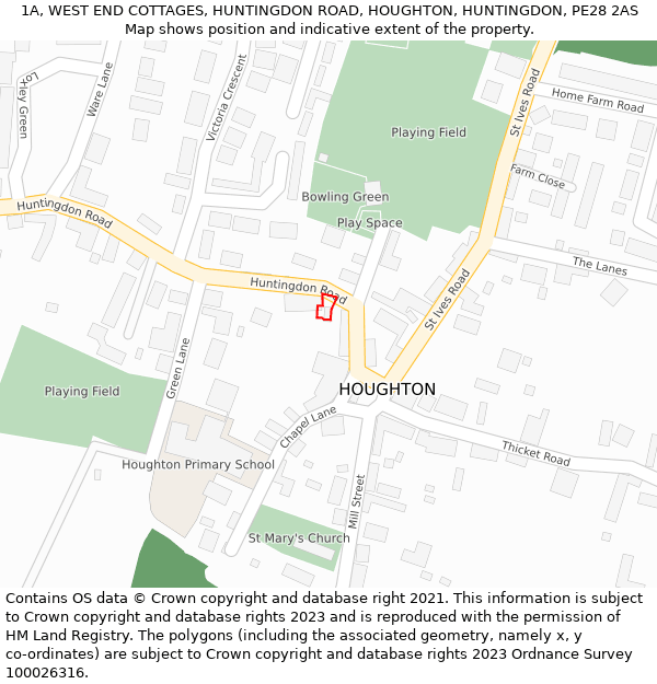 1A, WEST END COTTAGES, HUNTINGDON ROAD, HOUGHTON, HUNTINGDON, PE28 2AS: Location map and indicative extent of plot