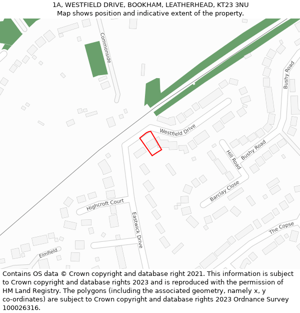 1A, WESTFIELD DRIVE, BOOKHAM, LEATHERHEAD, KT23 3NU: Location map and indicative extent of plot