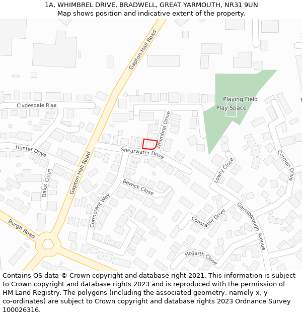 1A, WHIMBREL DRIVE, BRADWELL, GREAT YARMOUTH, NR31 9UN: Location map and indicative extent of plot