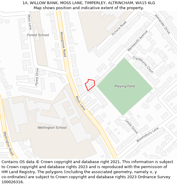 1A, WILLOW BANK, MOSS LANE, TIMPERLEY, ALTRINCHAM, WA15 6LG: Location map and indicative extent of plot