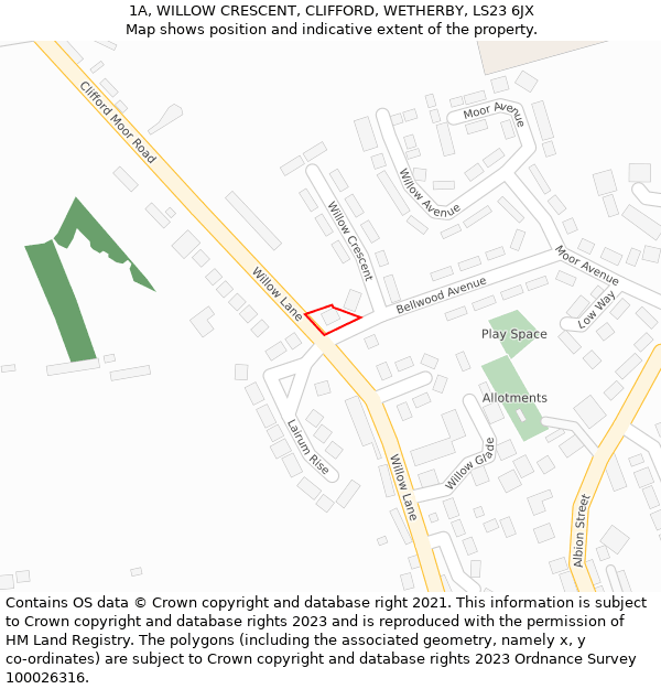 1A, WILLOW CRESCENT, CLIFFORD, WETHERBY, LS23 6JX: Location map and indicative extent of plot