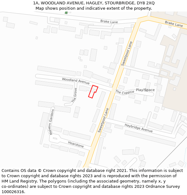 1A, WOODLAND AVENUE, HAGLEY, STOURBRIDGE, DY8 2XQ: Location map and indicative extent of plot