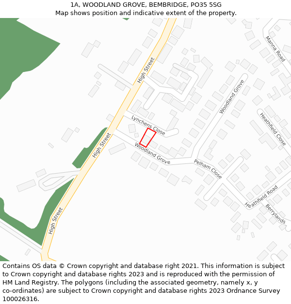1A, WOODLAND GROVE, BEMBRIDGE, PO35 5SG: Location map and indicative extent of plot