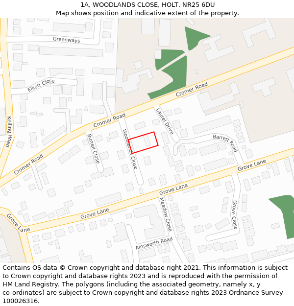 1A, WOODLANDS CLOSE, HOLT, NR25 6DU: Location map and indicative extent of plot