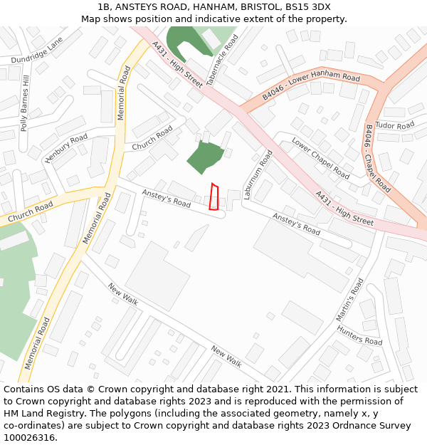 1B, ANSTEYS ROAD, HANHAM, BRISTOL, BS15 3DX: Location map and indicative extent of plot