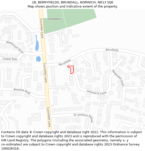 1B, BERRYFIELDS, BRUNDALL, NORWICH, NR13 5QE: Location map and indicative extent of plot