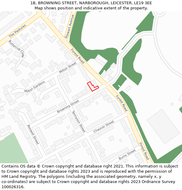 1B, BROWNING STREET, NARBOROUGH, LEICESTER, LE19 3EE: Location map and indicative extent of plot