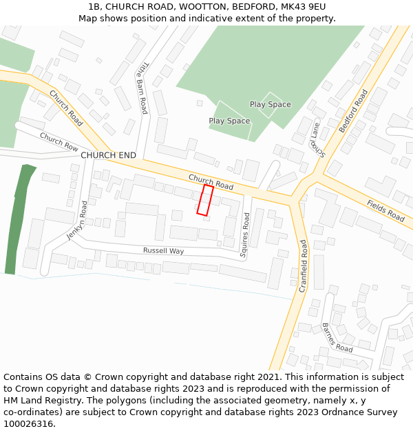 1B, CHURCH ROAD, WOOTTON, BEDFORD, MK43 9EU: Location map and indicative extent of plot