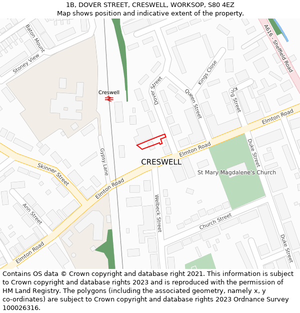 1B, DOVER STREET, CRESWELL, WORKSOP, S80 4EZ: Location map and indicative extent of plot