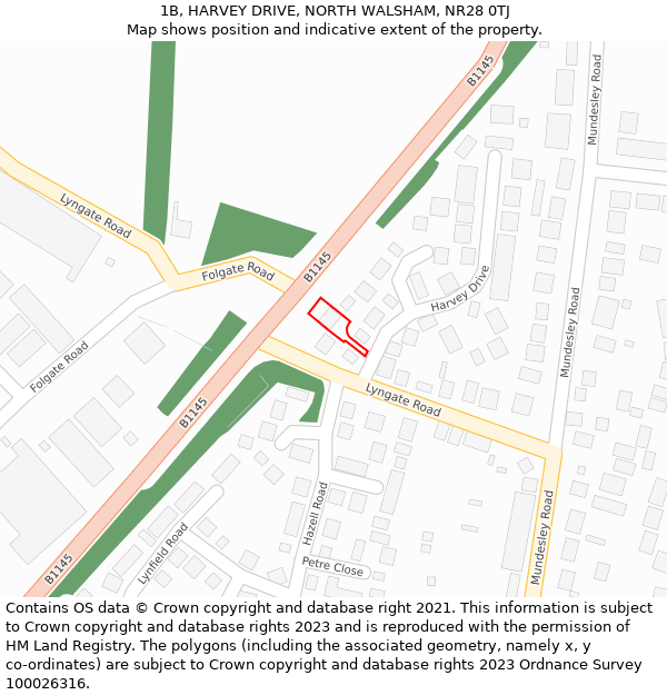 1B, HARVEY DRIVE, NORTH WALSHAM, NR28 0TJ: Location map and indicative extent of plot