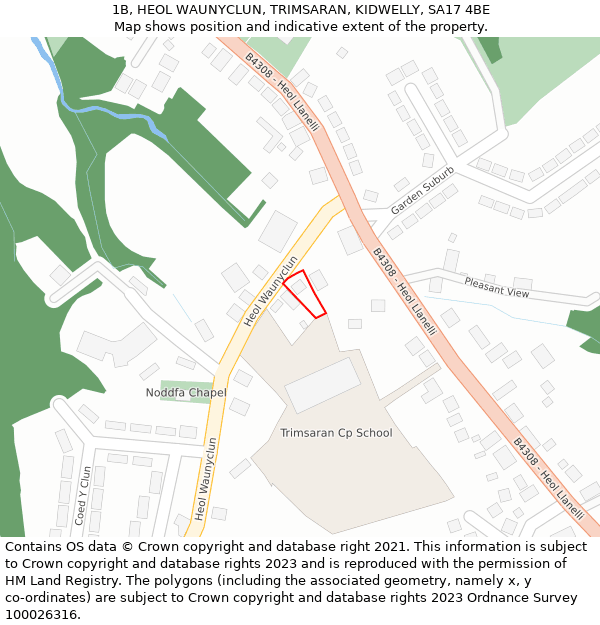 1B, HEOL WAUNYCLUN, TRIMSARAN, KIDWELLY, SA17 4BE: Location map and indicative extent of plot