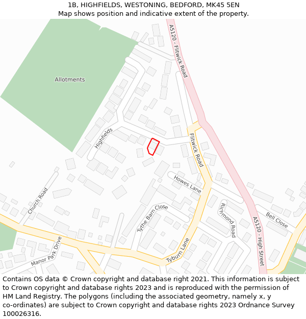 1B, HIGHFIELDS, WESTONING, BEDFORD, MK45 5EN: Location map and indicative extent of plot