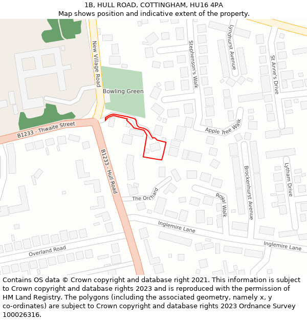1B, HULL ROAD, COTTINGHAM, HU16 4PA: Location map and indicative extent of plot