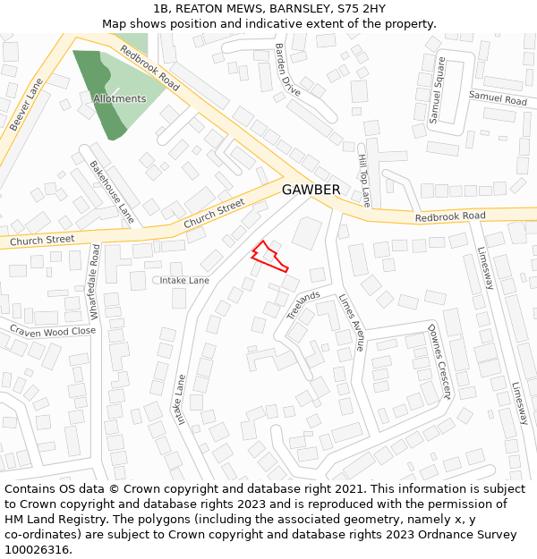 1B, REATON MEWS, BARNSLEY, S75 2HY: Location map and indicative extent of plot