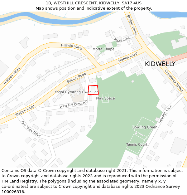 1B, WESTHILL CRESCENT, KIDWELLY, SA17 4US: Location map and indicative extent of plot