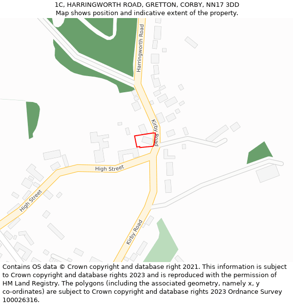 1C, HARRINGWORTH ROAD, GRETTON, CORBY, NN17 3DD: Location map and indicative extent of plot