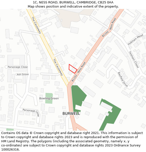 1C, NESS ROAD, BURWELL, CAMBRIDGE, CB25 0AA: Location map and indicative extent of plot