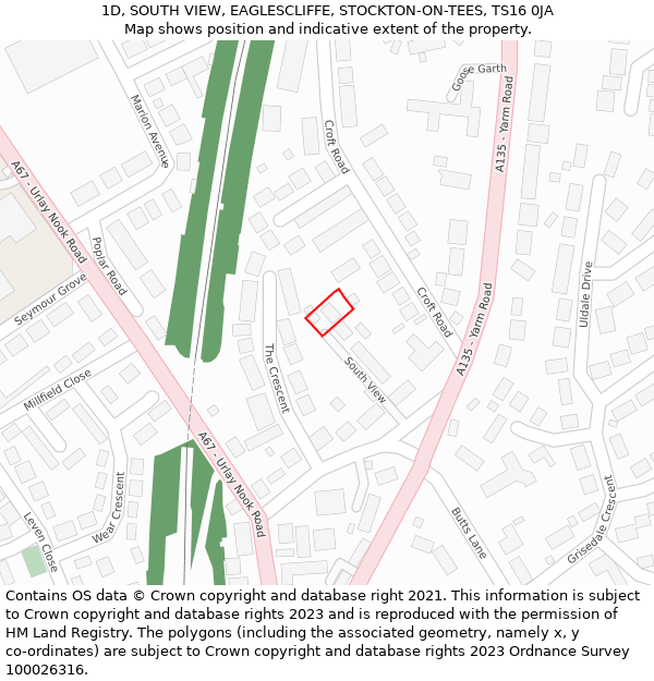 1D, SOUTH VIEW, EAGLESCLIFFE, STOCKTON-ON-TEES, TS16 0JA: Location map and indicative extent of plot