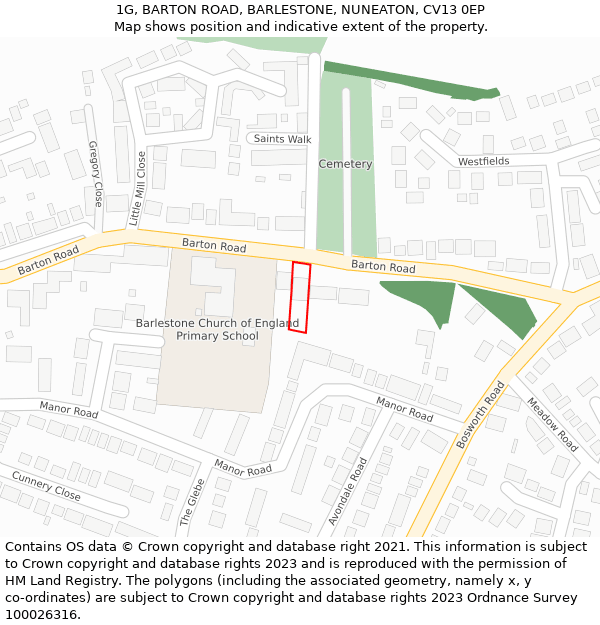 1G, BARTON ROAD, BARLESTONE, NUNEATON, CV13 0EP: Location map and indicative extent of plot