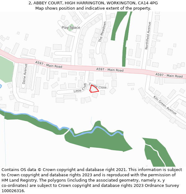 2, ABBEY COURT, HIGH HARRINGTON, WORKINGTON, CA14 4PG: Location map and indicative extent of plot