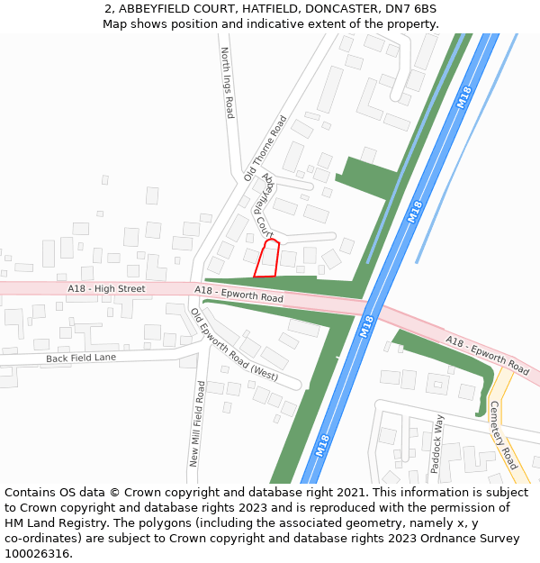 2, ABBEYFIELD COURT, HATFIELD, DONCASTER, DN7 6BS: Location map and indicative extent of plot