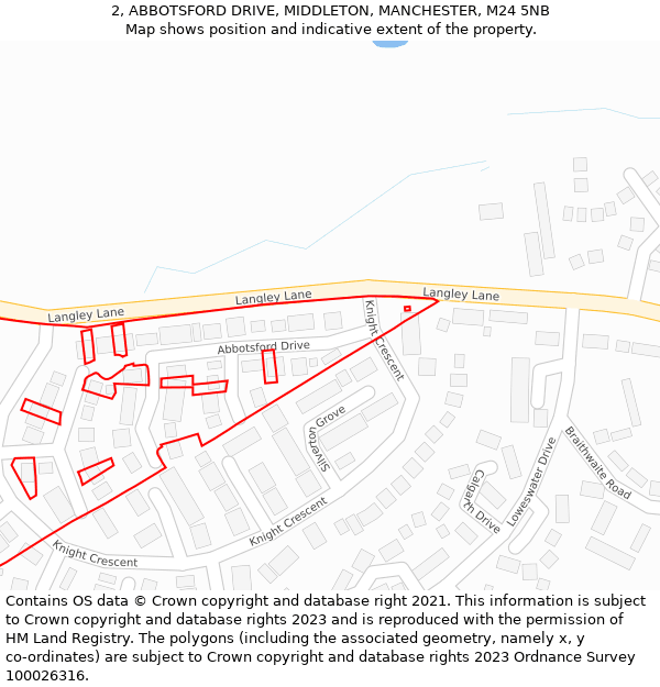 2, ABBOTSFORD DRIVE, MIDDLETON, MANCHESTER, M24 5NB: Location map and indicative extent of plot