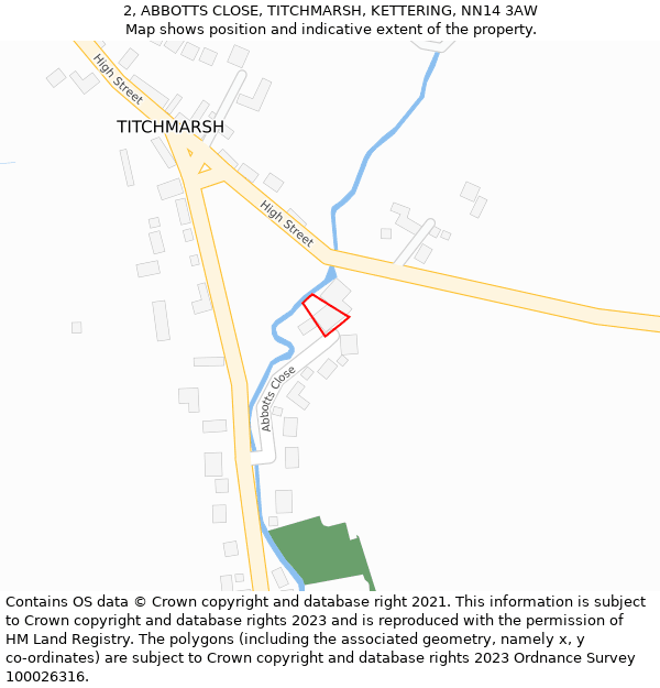 2, ABBOTTS CLOSE, TITCHMARSH, KETTERING, NN14 3AW: Location map and indicative extent of plot