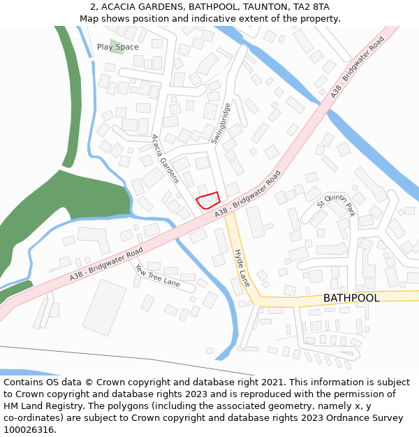 2, ACACIA GARDENS, BATHPOOL, TAUNTON, TA2 8TA: Location map and indicative extent of plot