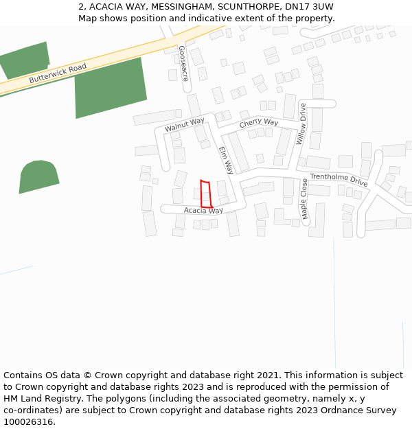 2, ACACIA WAY, MESSINGHAM, SCUNTHORPE, DN17 3UW: Location map and indicative extent of plot