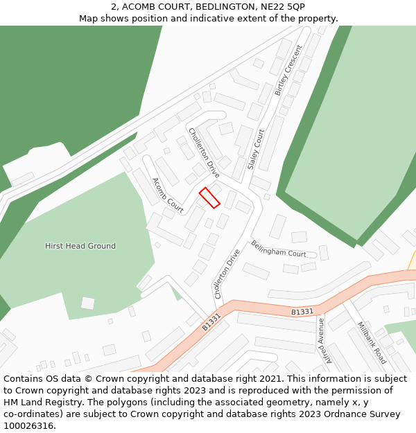 2, ACOMB COURT, BEDLINGTON, NE22 5QP: Location map and indicative extent of plot