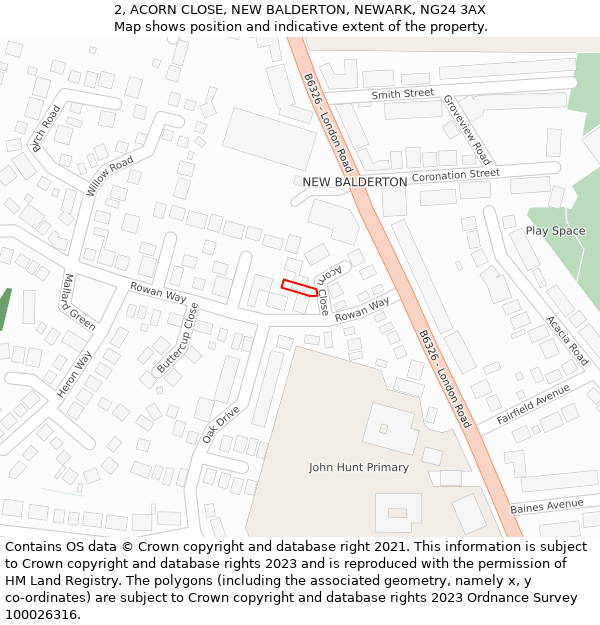 2, ACORN CLOSE, NEW BALDERTON, NEWARK, NG24 3AX: Location map and indicative extent of plot