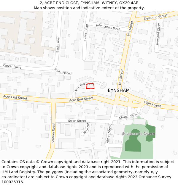 2, ACRE END CLOSE, EYNSHAM, WITNEY, OX29 4AB: Location map and indicative extent of plot