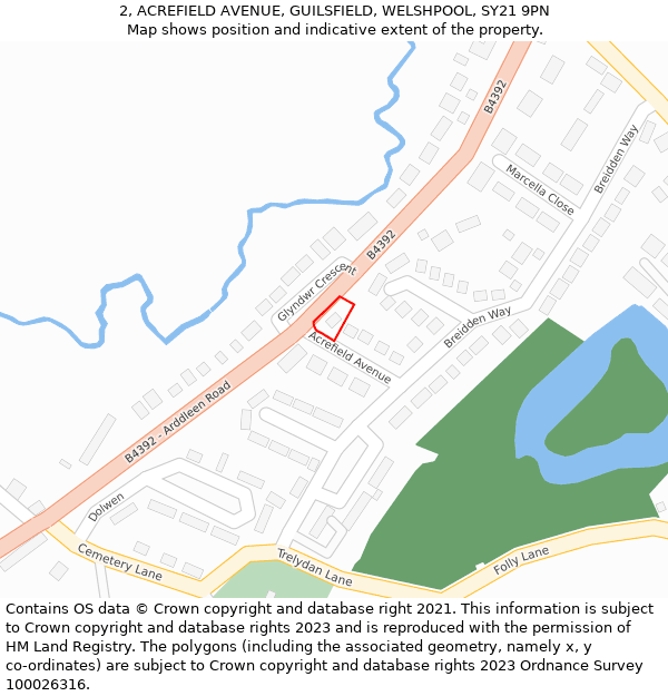 2, ACREFIELD AVENUE, GUILSFIELD, WELSHPOOL, SY21 9PN: Location map and indicative extent of plot