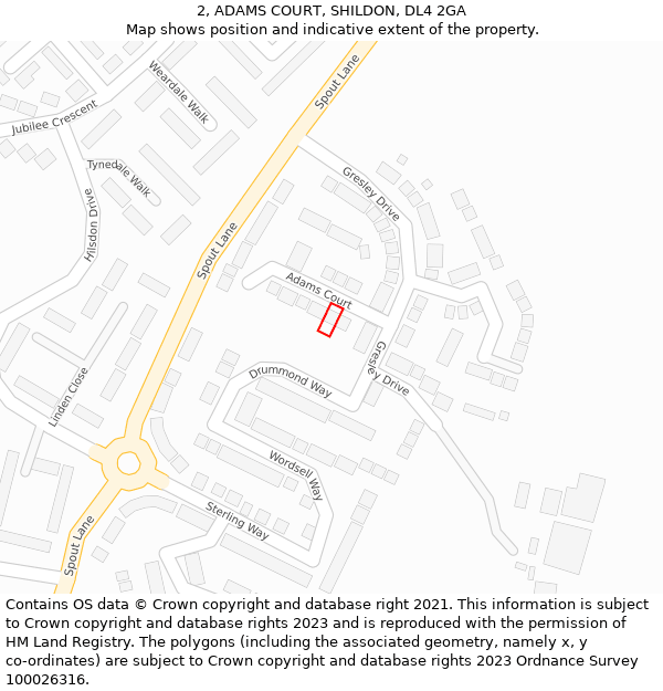 2, ADAMS COURT, SHILDON, DL4 2GA: Location map and indicative extent of plot