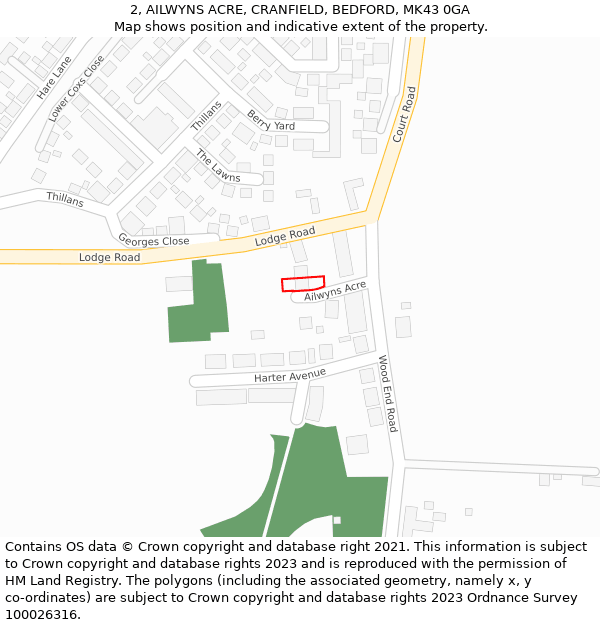 2, AILWYNS ACRE, CRANFIELD, BEDFORD, MK43 0GA: Location map and indicative extent of plot