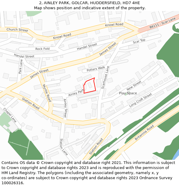 2, AINLEY PARK, GOLCAR, HUDDERSFIELD, HD7 4HE: Location map and indicative extent of plot