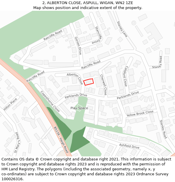 2, ALBERTON CLOSE, ASPULL, WIGAN, WN2 1ZE: Location map and indicative extent of plot