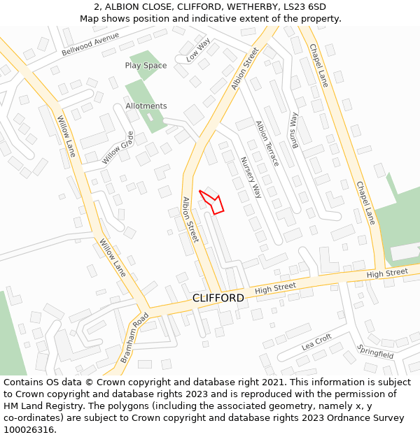 2, ALBION CLOSE, CLIFFORD, WETHERBY, LS23 6SD: Location map and indicative extent of plot