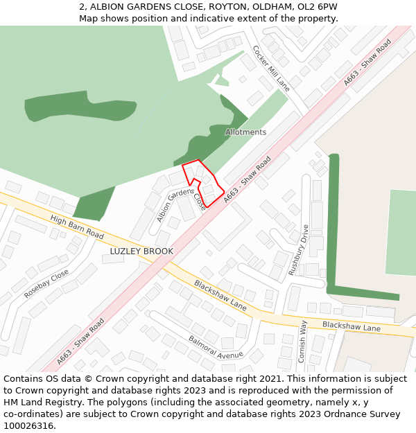 2, ALBION GARDENS CLOSE, ROYTON, OLDHAM, OL2 6PW: Location map and indicative extent of plot