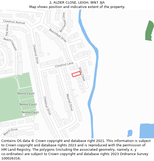 2, ALDER CLOSE, LEIGH, WN7 3JA: Location map and indicative extent of plot