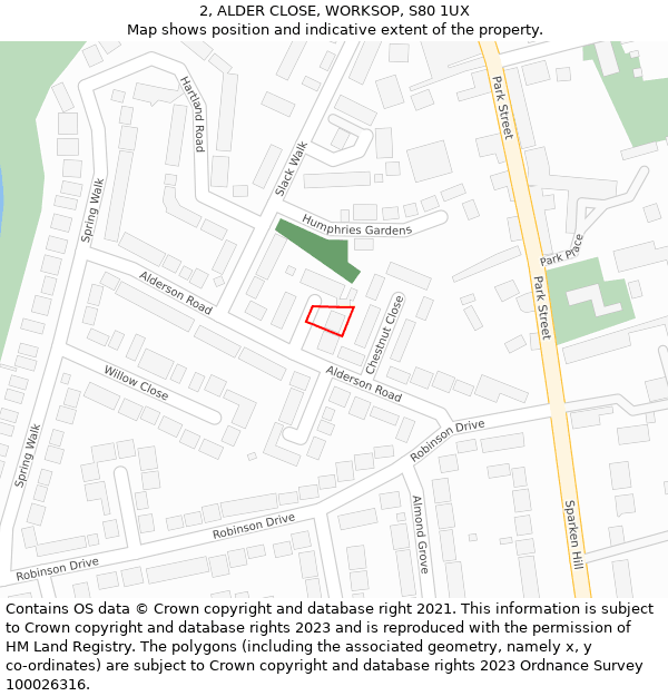 2, ALDER CLOSE, WORKSOP, S80 1UX: Location map and indicative extent of plot
