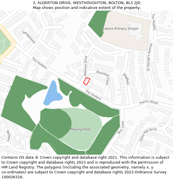 2, ALDERTON DRIVE, WESTHOUGHTON, BOLTON, BL5 2JD: Location map and indicative extent of plot